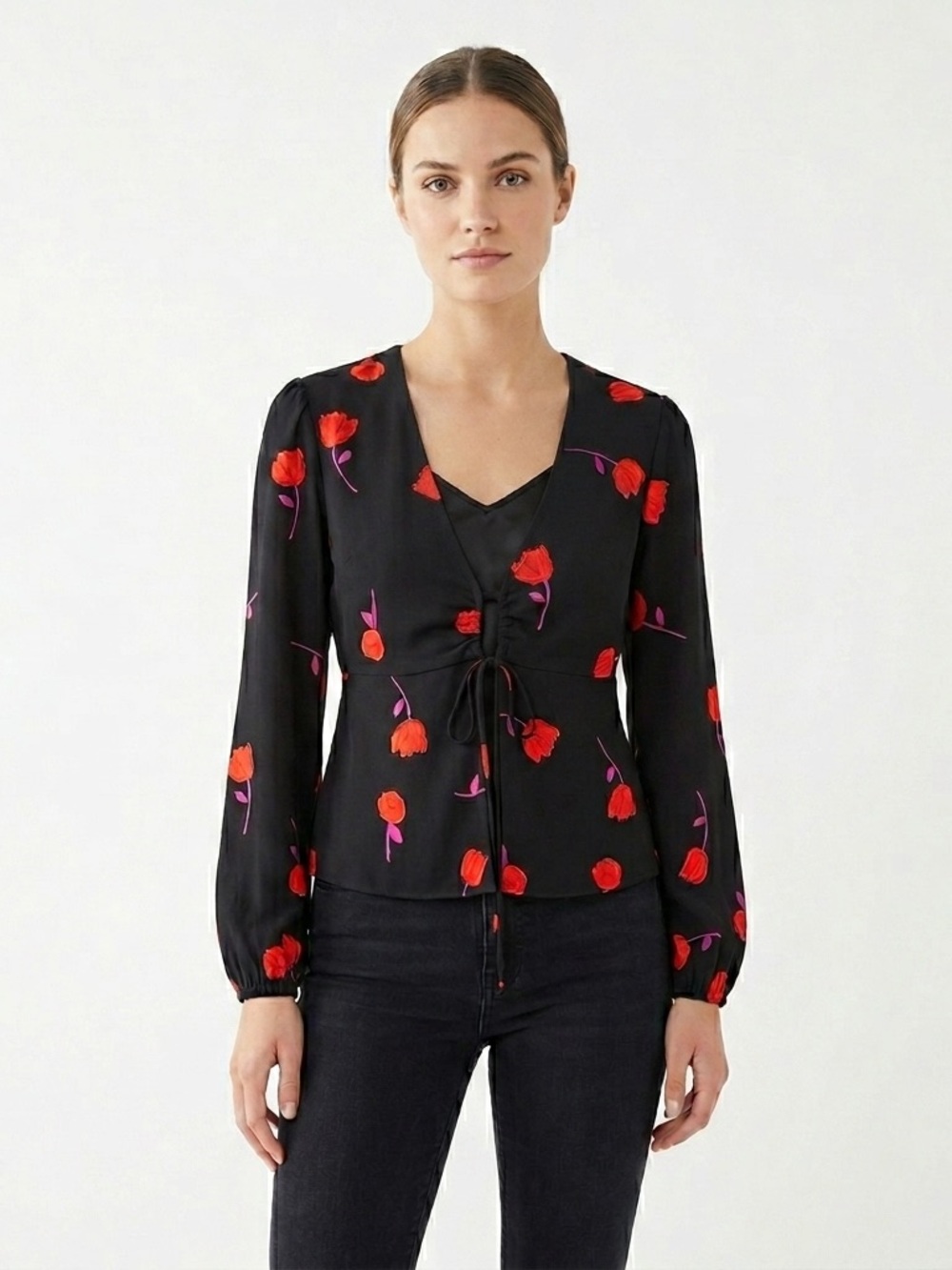 Urban Outfitters Black Red Tulip Keyhole Tie-Front Blouse M